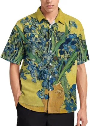 Men Van Gogh Print Hawaiian Bowling Shirts Short Sleeve Regular Fit Summer Beach Casual Button Down Aloha Shirt