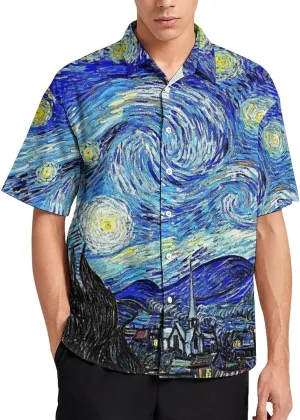 Men Van Gogh Print Hawaiian Bowling Shirts Short Sleeve Regular Fit Summer Beach Casual Button Down Aloha Shirt