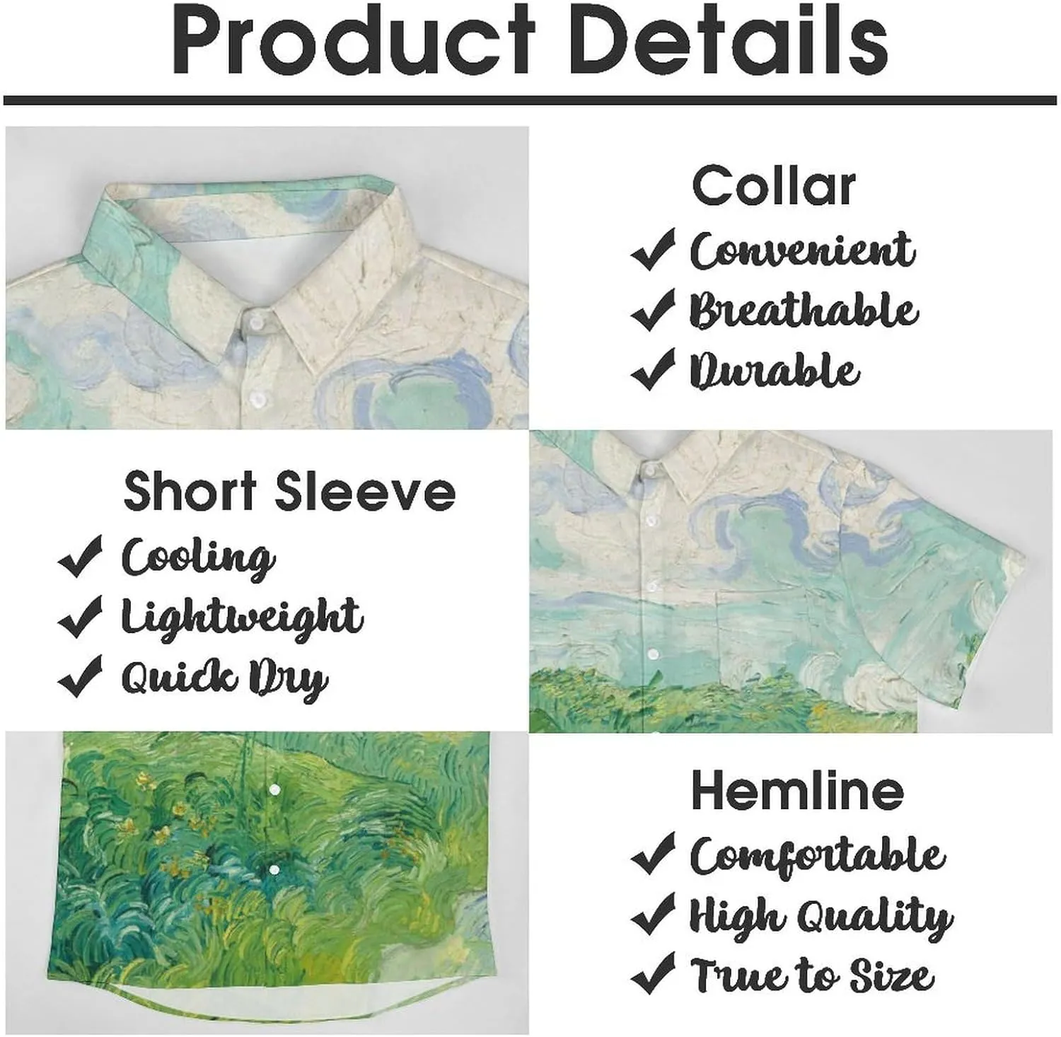 Men Van Gogh Print Hawaiian Bowling Shirts Short Sleeve Regular Fit Summer Beach Casual Button Down Aloha Shirt
