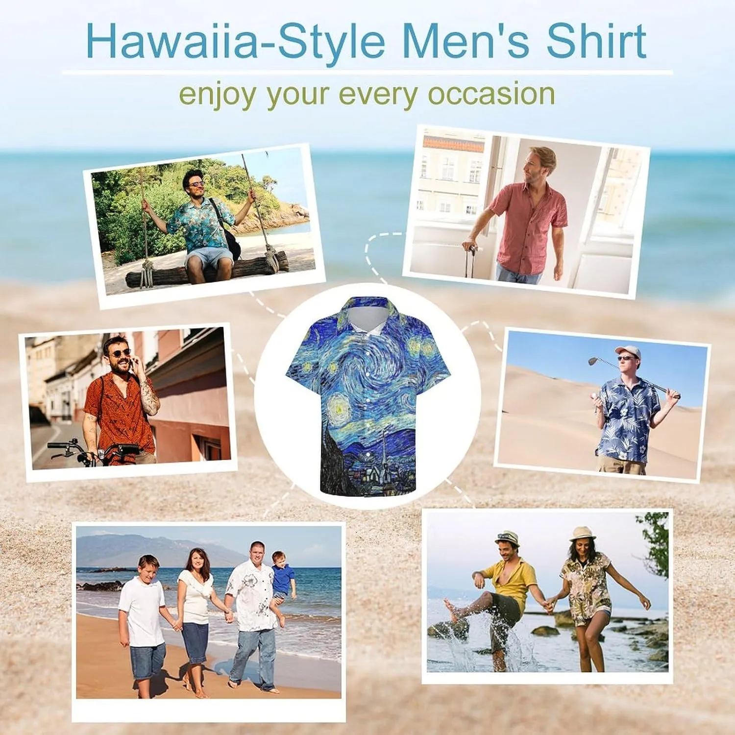 Men Van Gogh Print Hawaiian Bowling Shirts Short Sleeve Regular Fit Summer Beach Casual Button Down Aloha Shirt