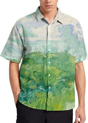 Men Van Gogh Print Hawaiian Bowling Shirts Short Sleeve Regular Fit Summer Beach Casual Button Down Aloha Shirt