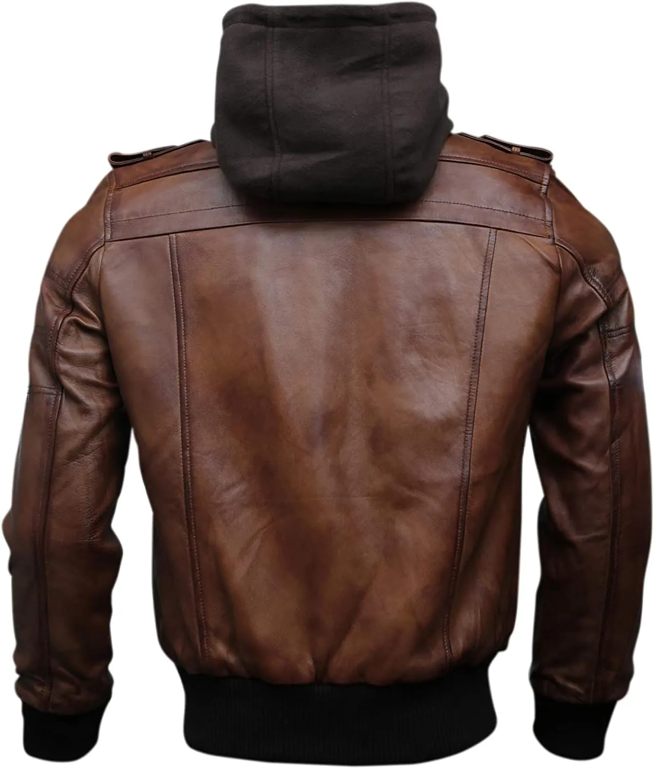 Mens Genuine Black Hooded Bomber Leather Jacket | Real Lambskin Waxed Brown Leather Jackets for Men with Removable Hood
