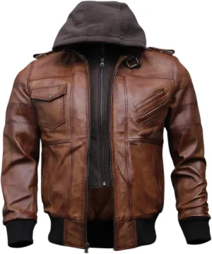 Mens Genuine Black Hooded Bomber Leather Jacket | Real Lambskin Waxed Brown Leather Jackets for Men with Removable Hood