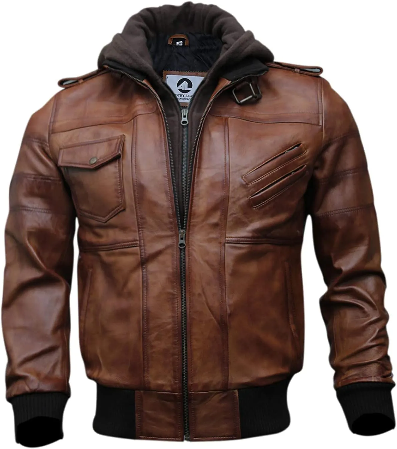 Mens Genuine Black Hooded Bomber Leather Jacket | Real Lambskin Waxed Brown Leather Jackets for Men with Removable Hood