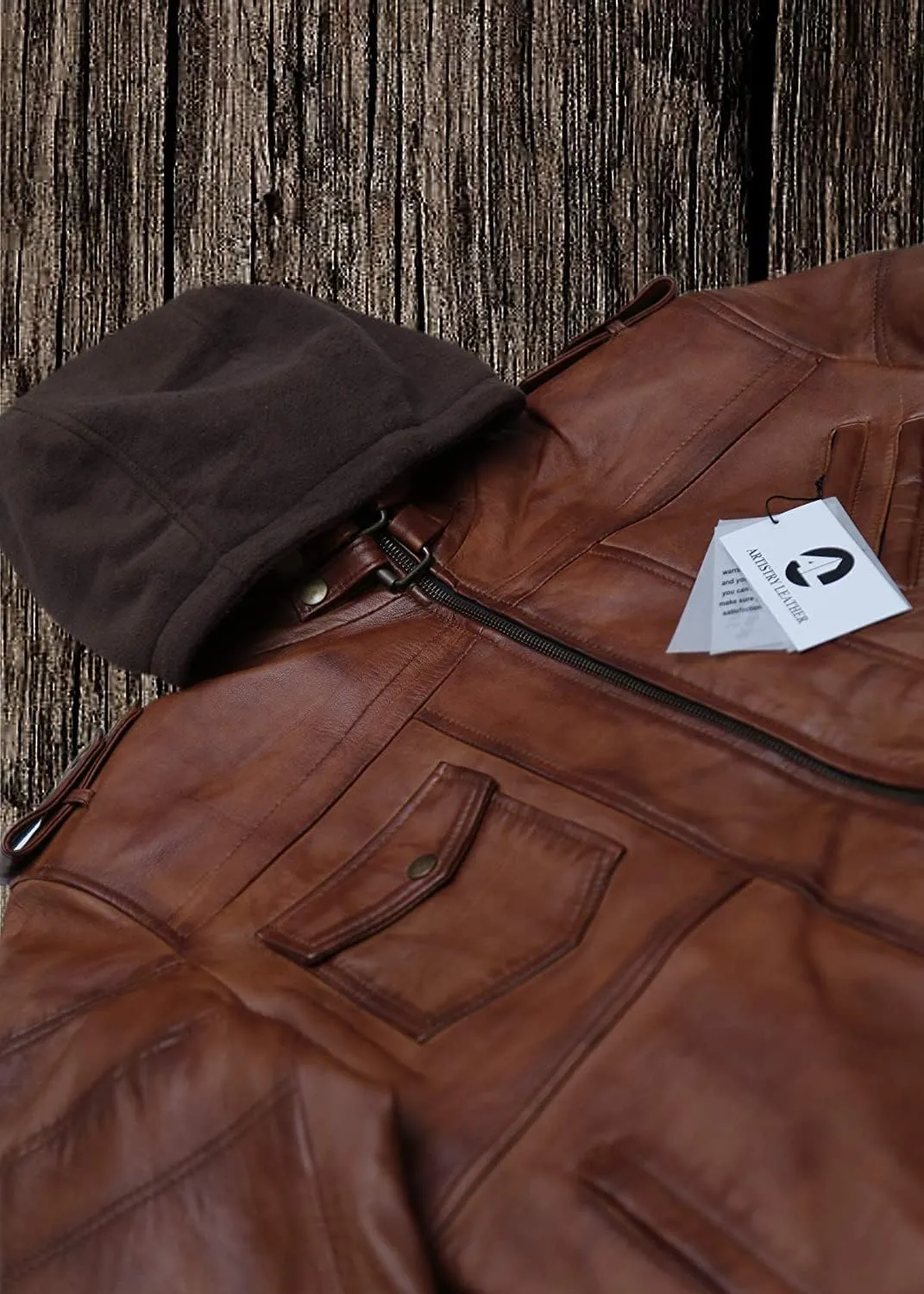 Mens Genuine Black Hooded Bomber Leather Jacket | Real Lambskin Waxed Brown Leather Jackets for Men with Removable Hood