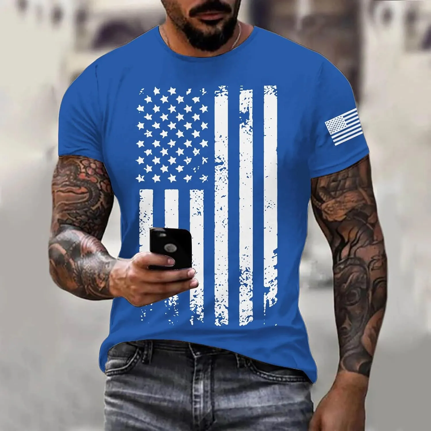 Mens T-Shirts Short Sleeve USA Flag Print 4th of July Patriotic T-Shirts Regular Fit Quick Dry Plus Size Tees