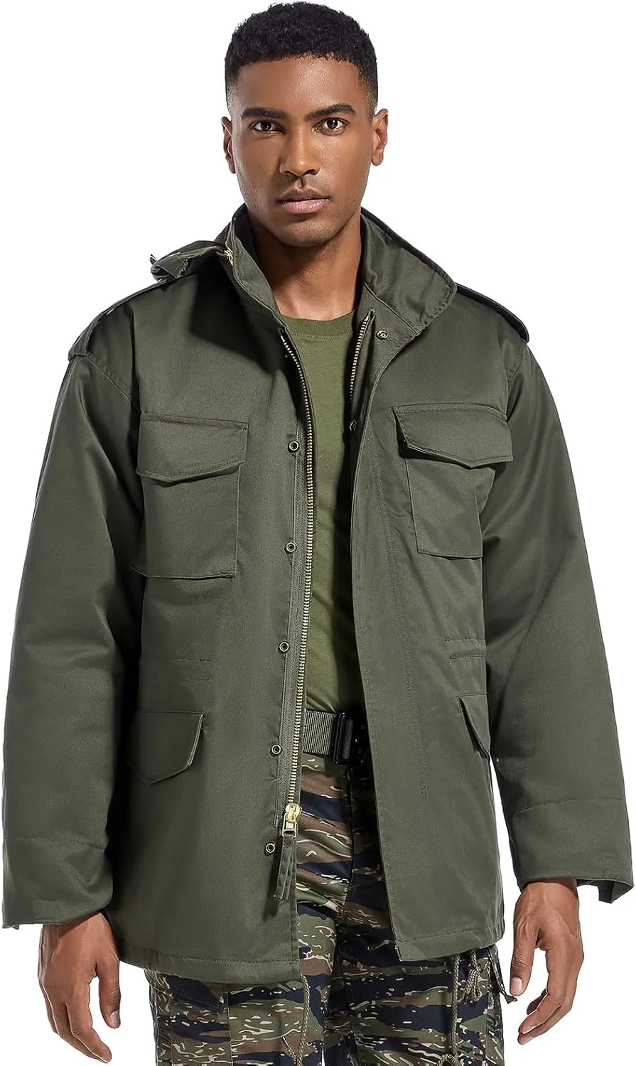 Men's Tactical M65 Field Jacket - Military Coat with Removable Hood, Fully Lined, Adjustable Waist & 4-Pocket Design