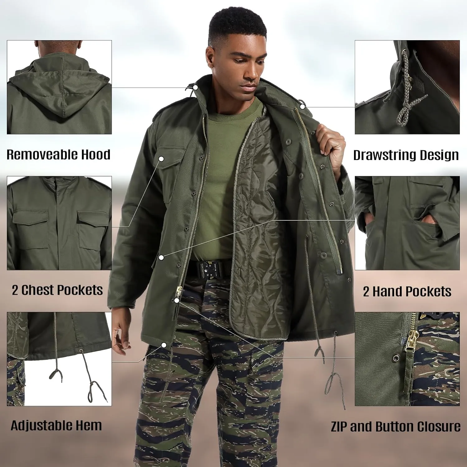 Men's Tactical M65 Field Jacket - Military Coat with Removable Hood, Fully Lined, Adjustable Waist & 4-Pocket Design