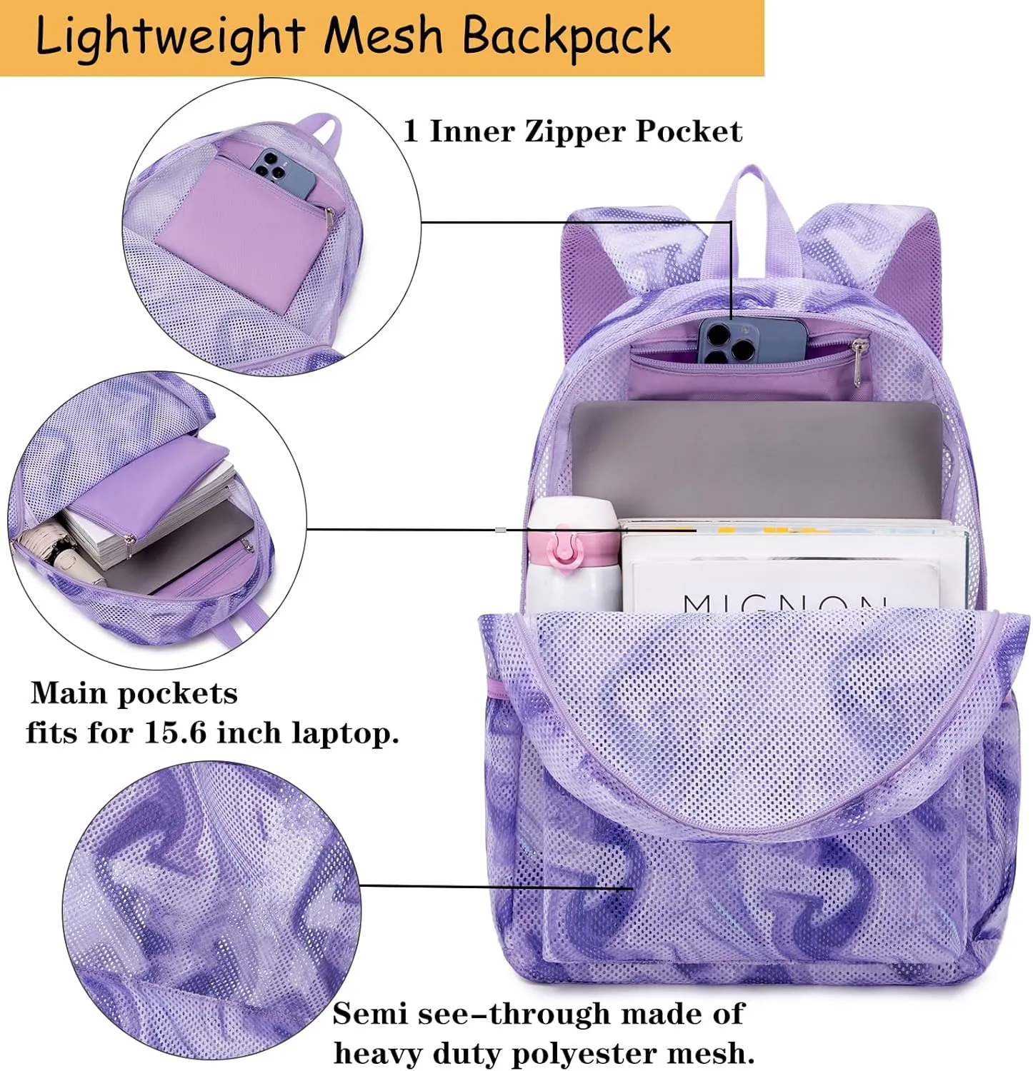 Mesh Backpack for Girls Semi-Transparent See Through School Backpack for Teen Girls Lightweight Large Capacity