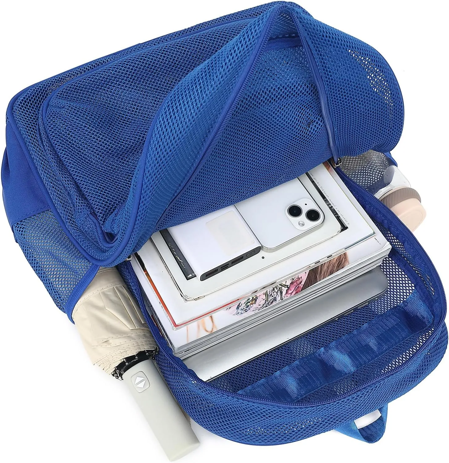 Mesh Bacpack Heavy Duty for School, Lightweight See Through College Backpack for Work Beach Sports (Blue)