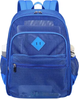 Mesh Bacpack Heavy Duty for School, Lightweight See Through College Backpack for Work Beach Sports (Blue)
