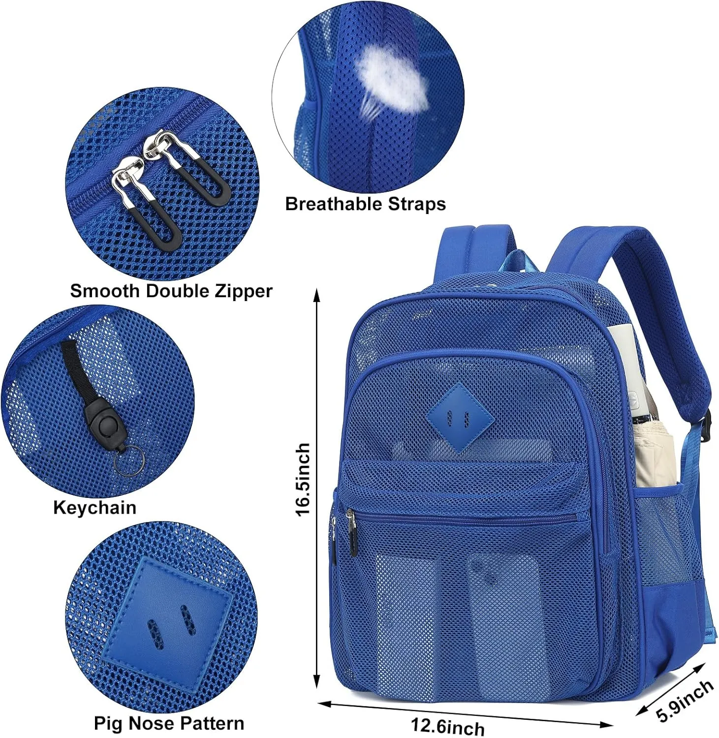 Mesh Bacpack Heavy Duty for School, Lightweight See Through College Backpack for Work Beach Sports (Blue)