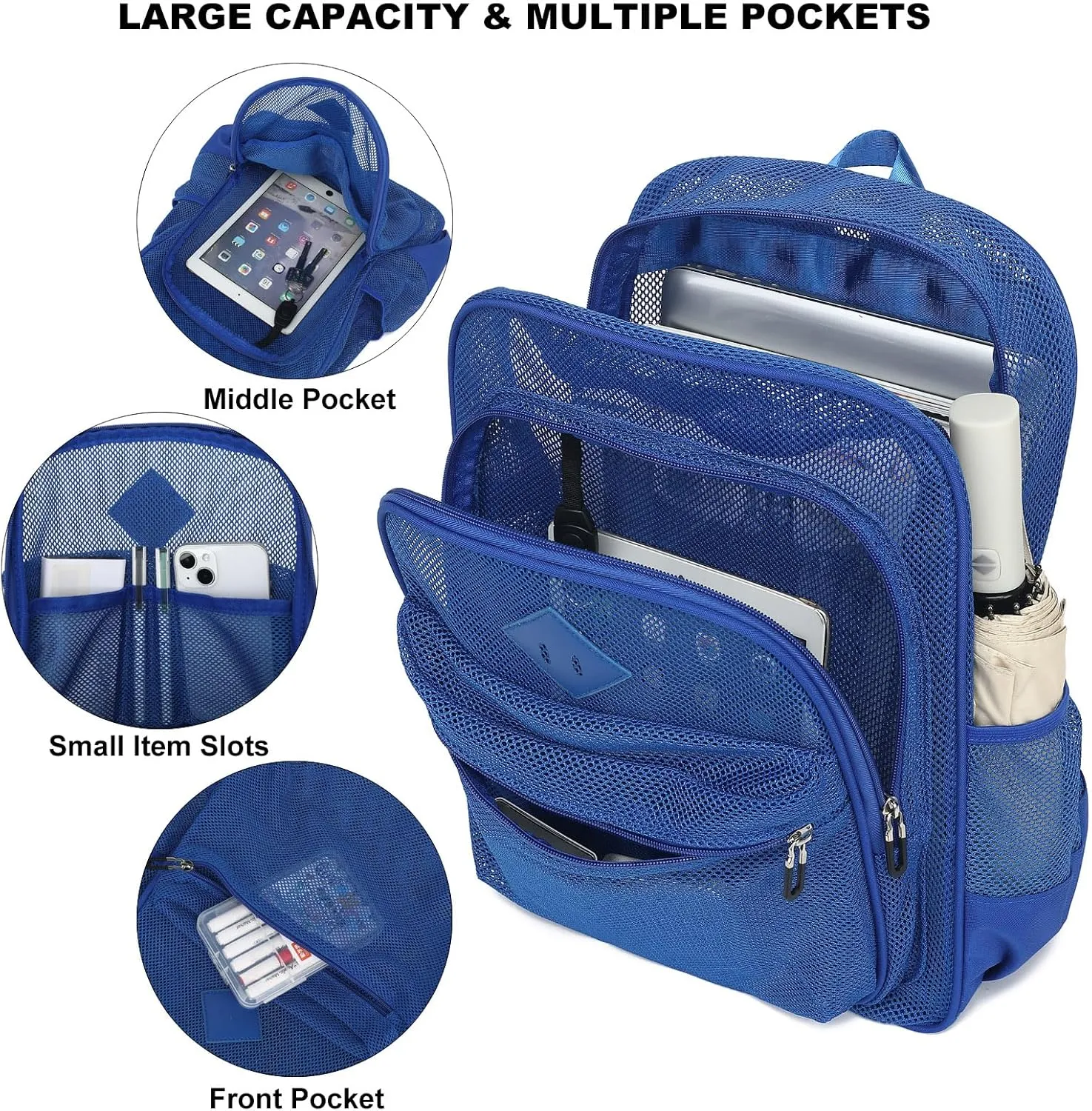 Mesh Bacpack Heavy Duty for School, Lightweight See Through College Backpack for Work Beach Sports (Blue)