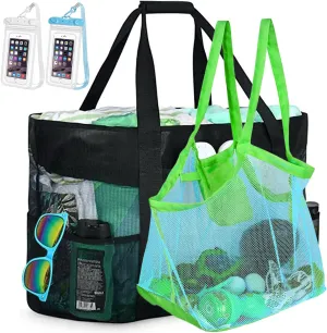 Mesh Beach Bag [Family Set] Extra Large Beach Tote Bag with Zipper Foldable Beach Toy Bag For Sand Toys & Women Vacation Essentials
