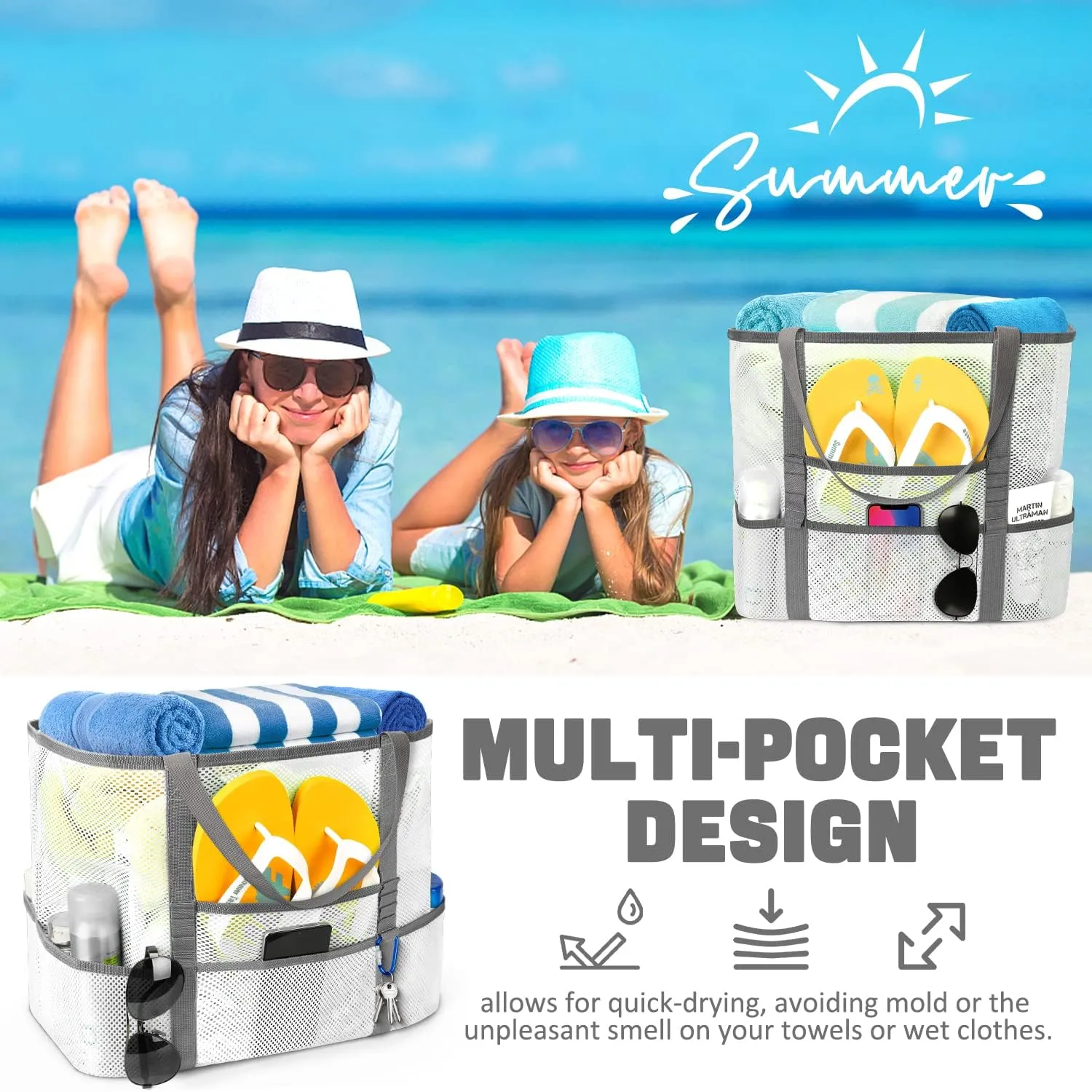 Mesh Beach Bag, Large Beach Bag Swimming Bag Foldable Mesh Tote for Your Family Beach Trip