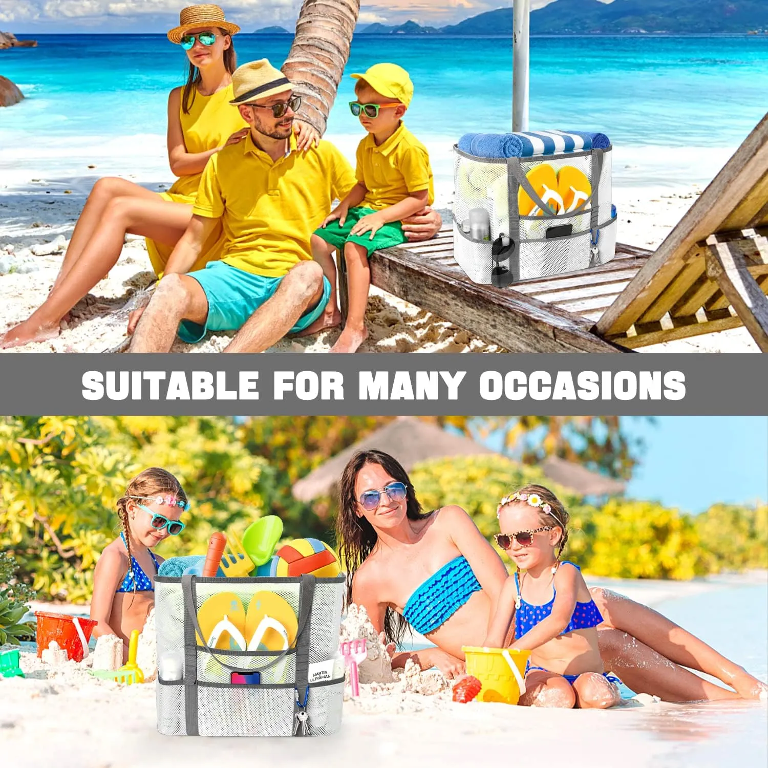 Mesh Beach Bag, Large Beach Bag Swimming Bag Foldable Mesh Tote for Your Family Beach Trip