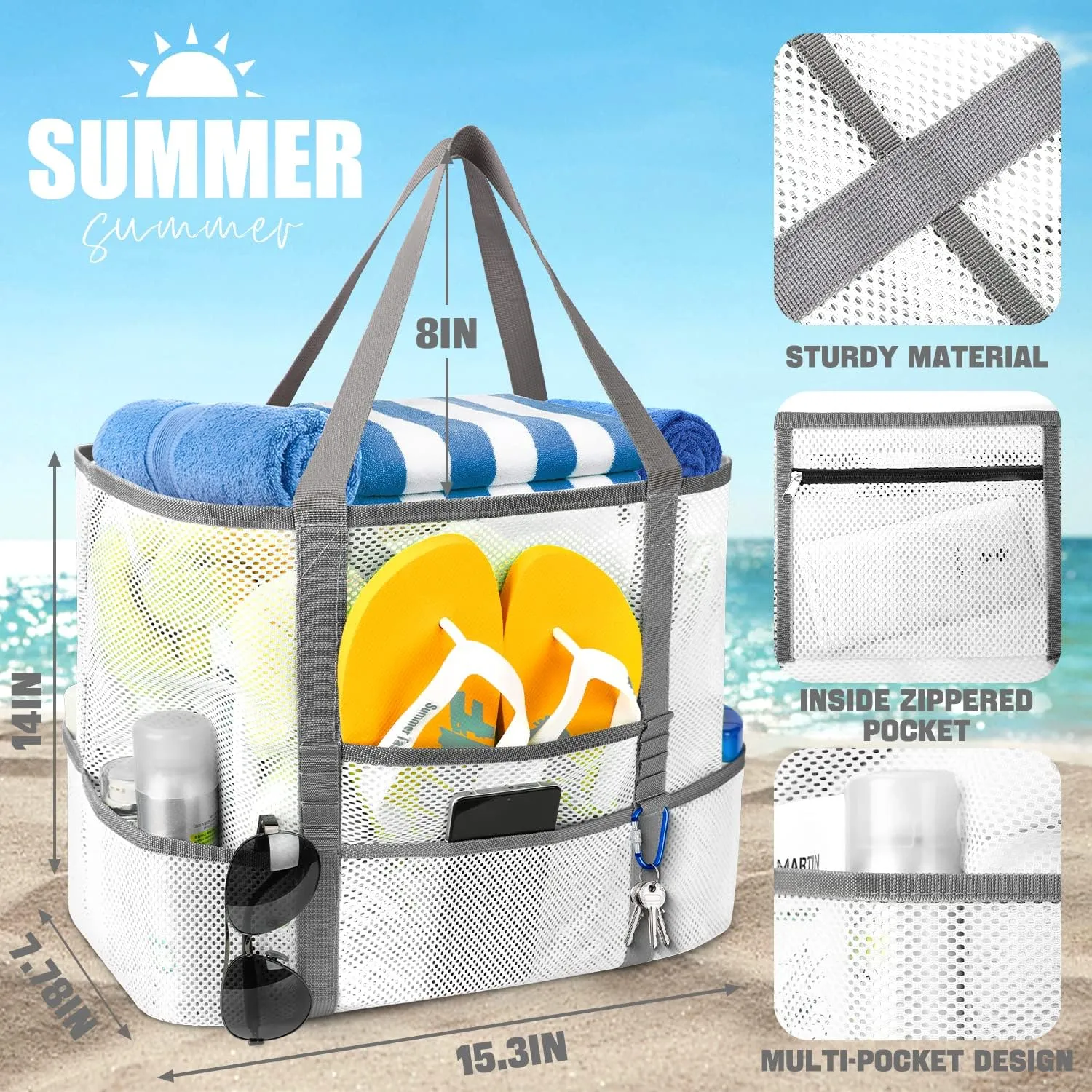 Mesh Beach Bag, Large Beach Bag Swimming Bag Foldable Mesh Tote for Your Family Beach Trip