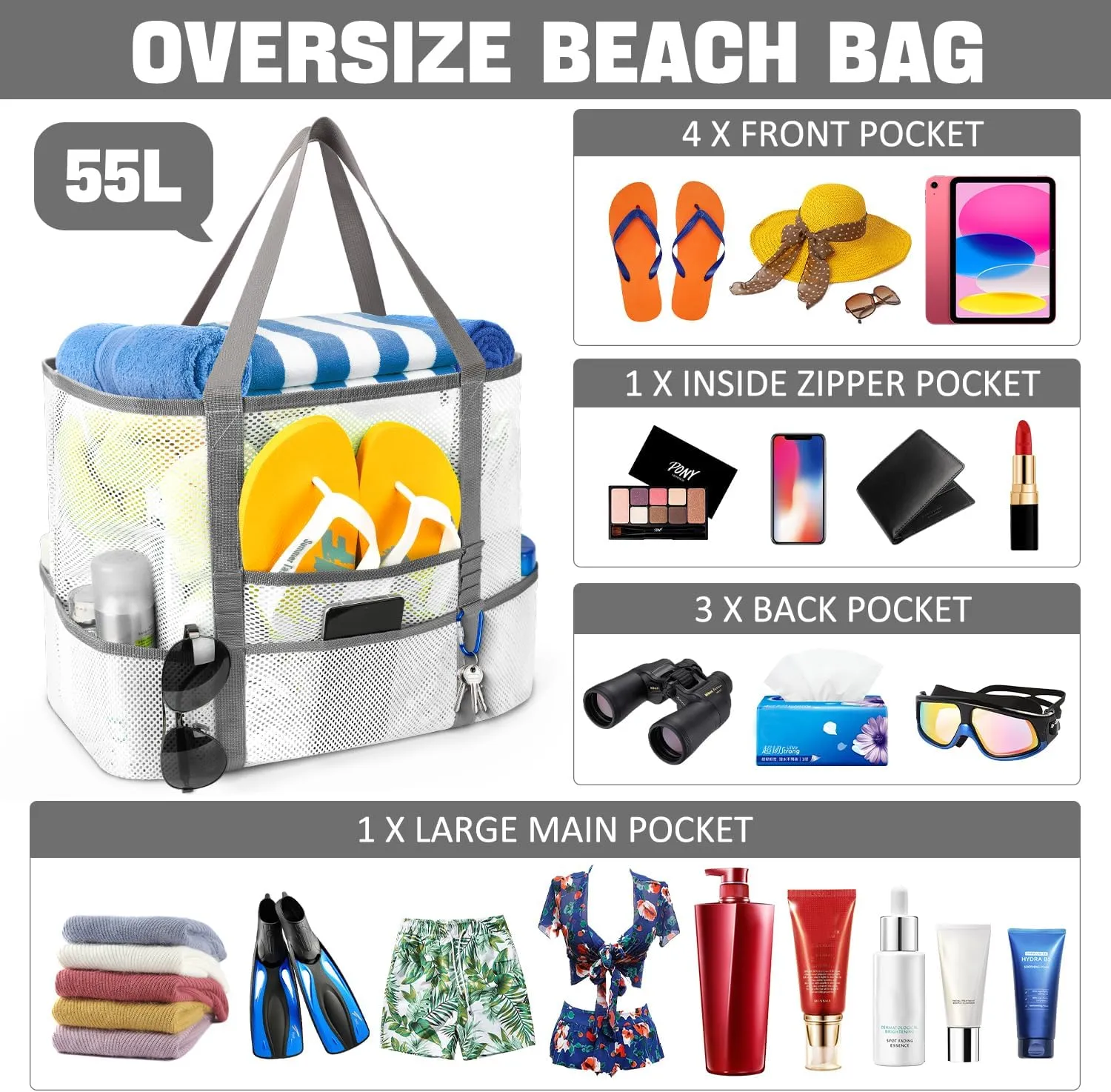 Mesh Beach Bag, Large Beach Bag Swimming Bag Foldable Mesh Tote for Your Family Beach Trip