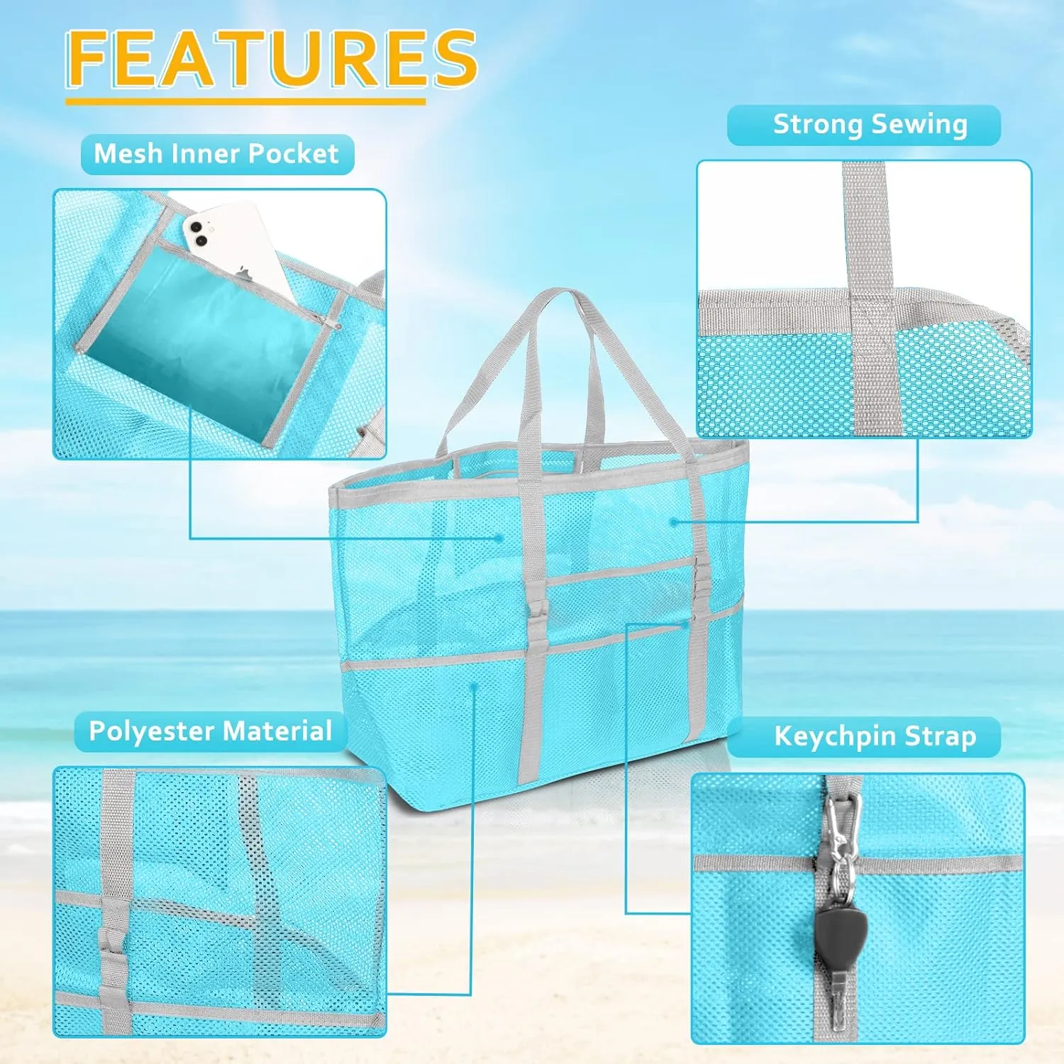Mesh Beach Bag - Large Tote Bag for Family, Toys & Vacation Essentials