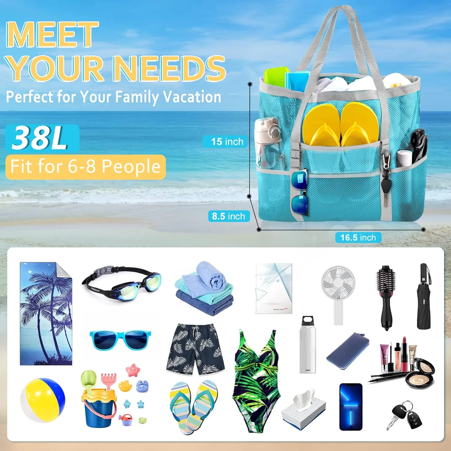 Mesh Beach Bag - Large Tote Bag for Family, Toys & Vacation Essentials