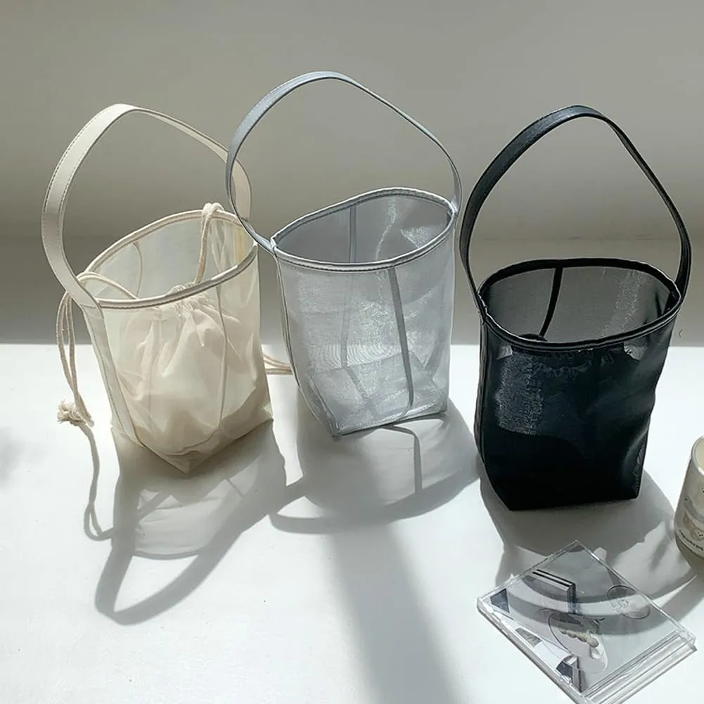 Mesh Beach Bag Women Bucket Bags Shoulder Handbag Crossbody Purses Summer Aesthetic Beach Tote Handbag with Extra Purse