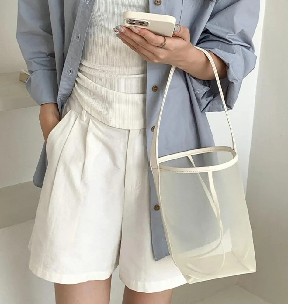 Mesh Beach Bag Women Bucket Bags Shoulder Handbag Crossbody Purses Summer Aesthetic Beach Tote Handbag with Extra Purse