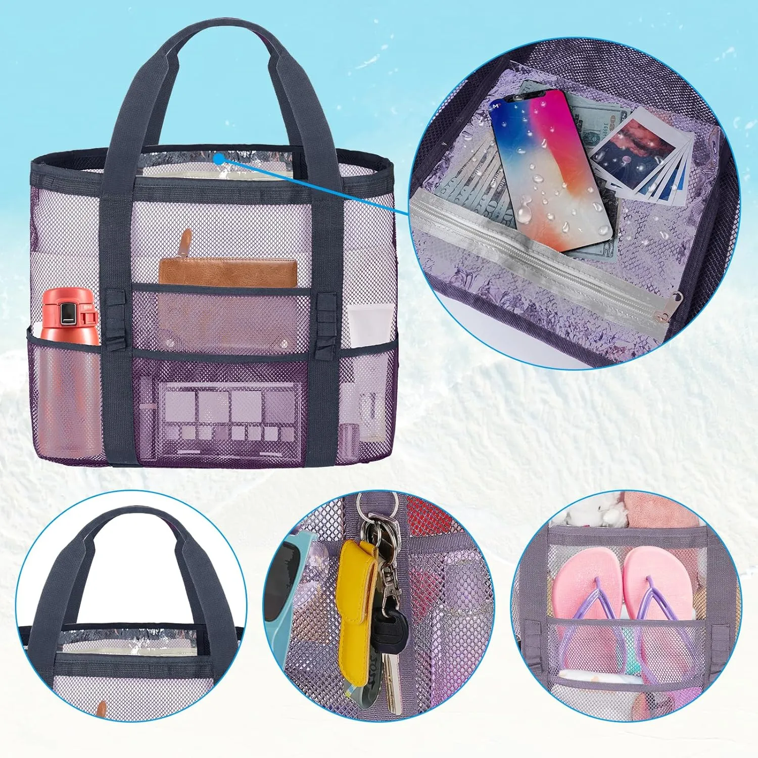 Mesh Beach Bags for Women - Plus Waterproof Sandproof Tote Bag