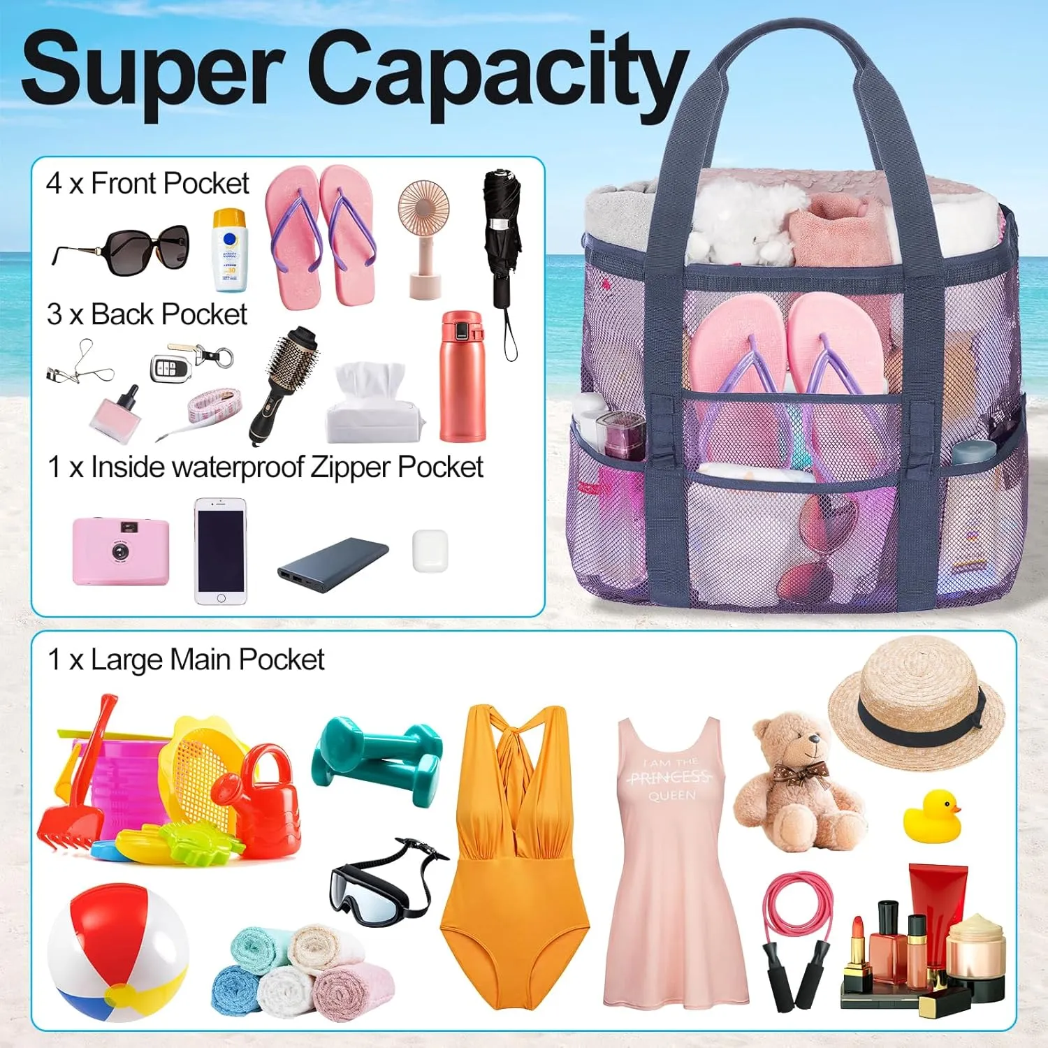 Mesh Beach Bags for Women - Plus Waterproof Sandproof Tote Bag