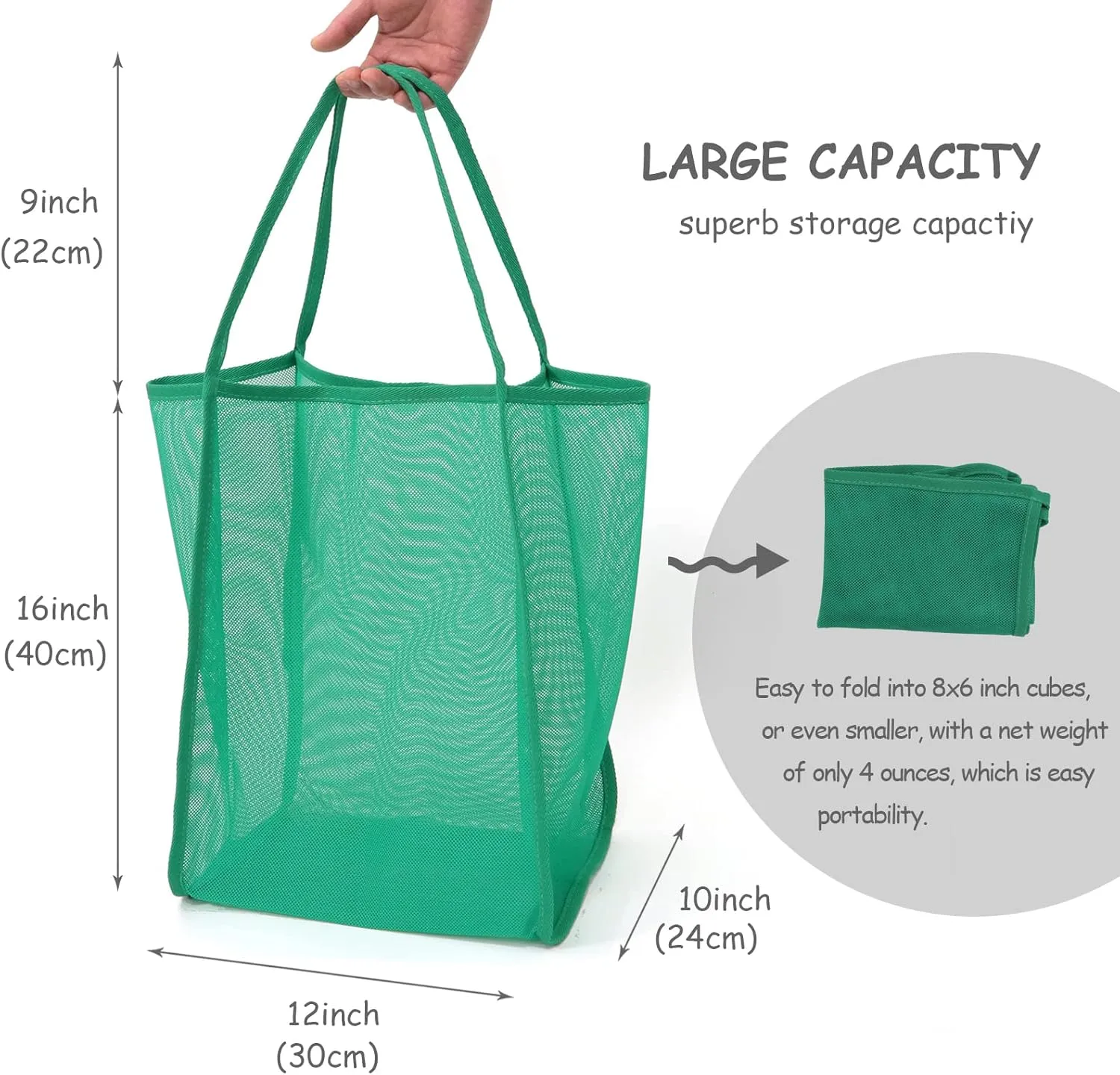 Mesh Beach Tote Bag for Sand Toys Kids Women Foldable Lightweight Durable Outdoor Shopping Travel Swim