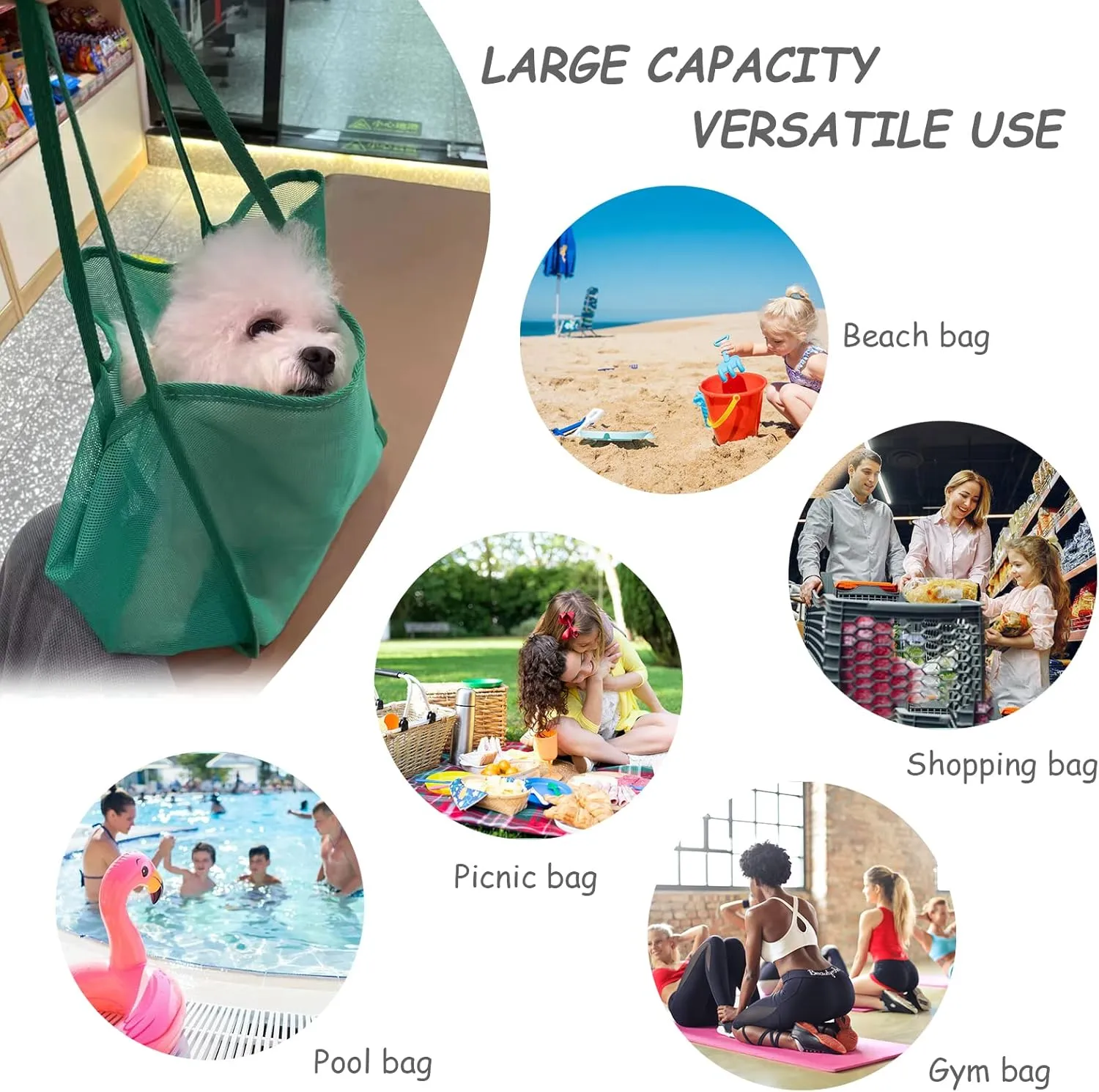 Mesh Beach Tote Bag for Sand Toys Kids Women Foldable Lightweight Durable Outdoor Shopping Travel Swim