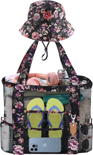 Mesh Beach Tote Bag with Sun Hat for Women, Foldable Multi-Purpose Large Tote Bag