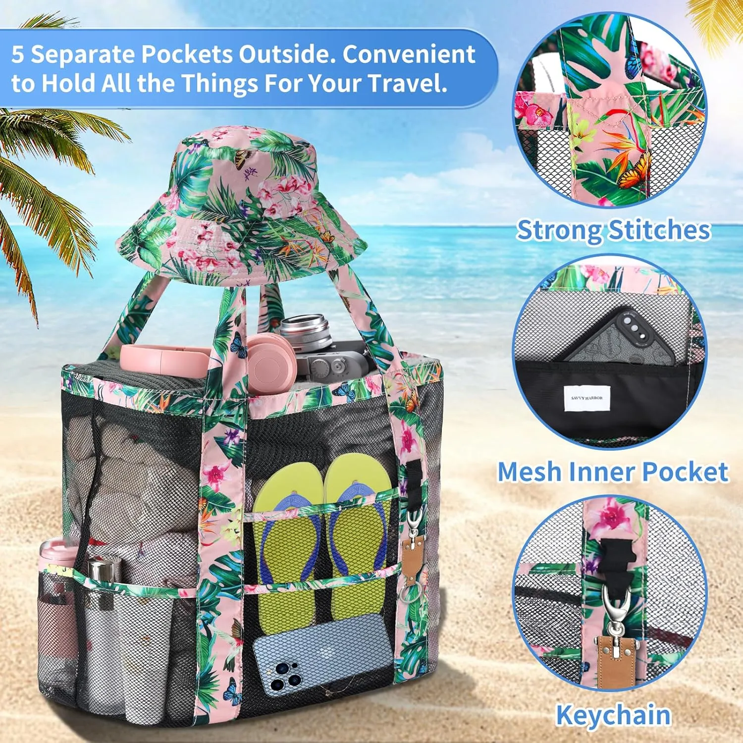 Mesh Beach Tote Bag with Sun Hat for Women, Foldable Multi-Purpose Large Tote Bag