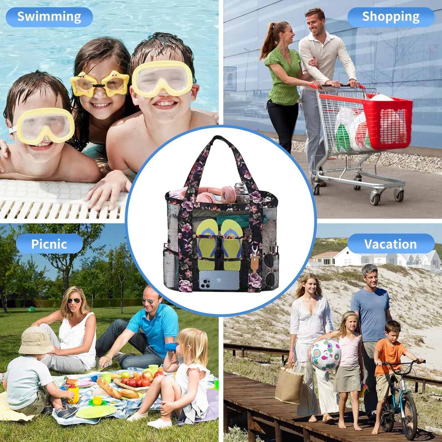 Mesh Beach Tote Bag with Sun Hat for Women, Foldable Multi-Purpose Large Tote Bag