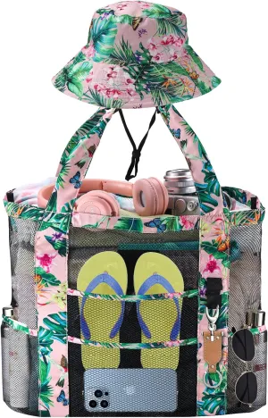 Mesh Beach Tote Bag with Sun Hat for Women, Foldable Multi-Purpose Large Tote Bag