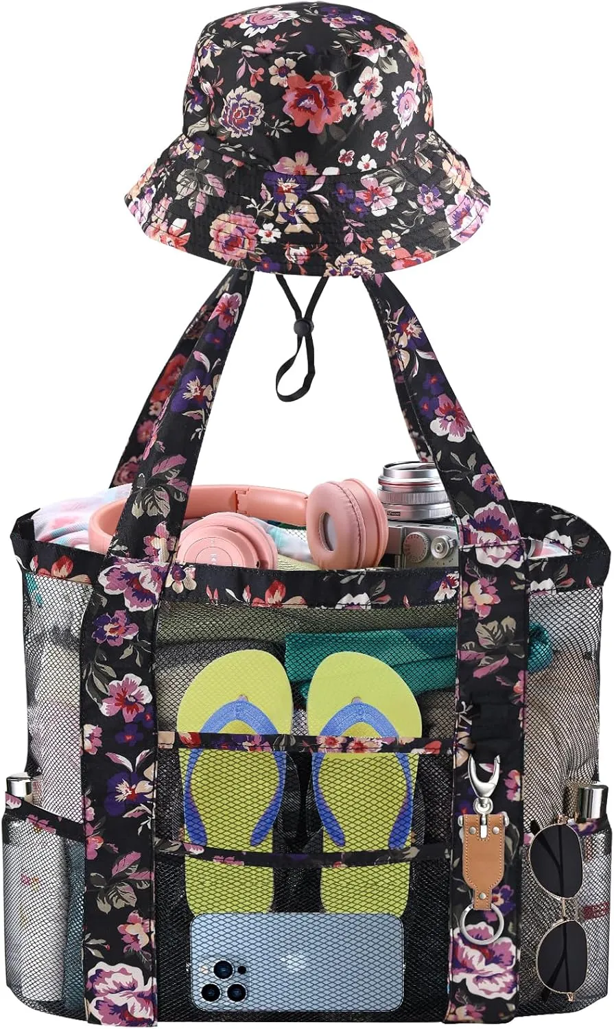 Mesh Beach Tote Bag with Sun Hat for Women, Foldable Multi-Purpose Large Tote Bag