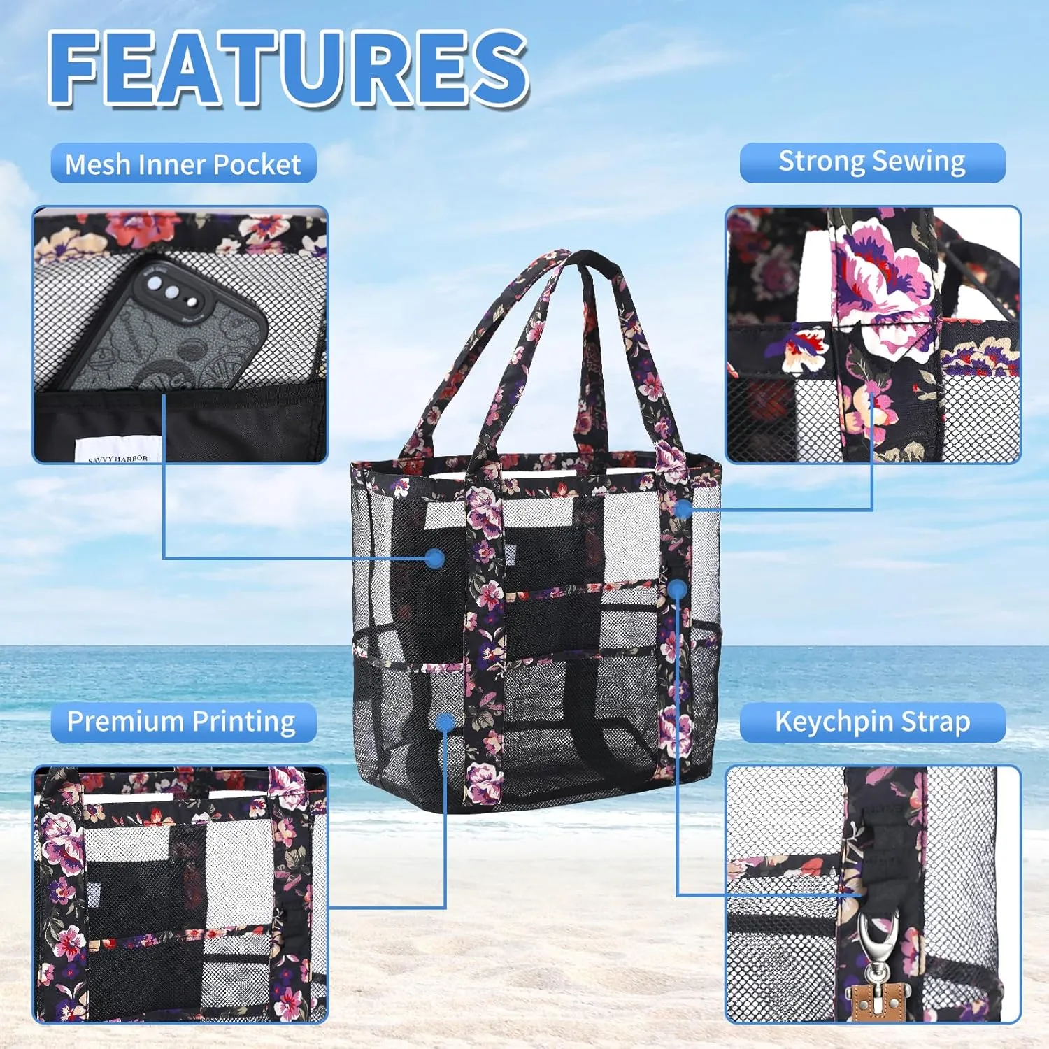 Mesh Beach Tote Bag with Sun Hat for Women, Foldable Multi-Purpose Large Tote Bag