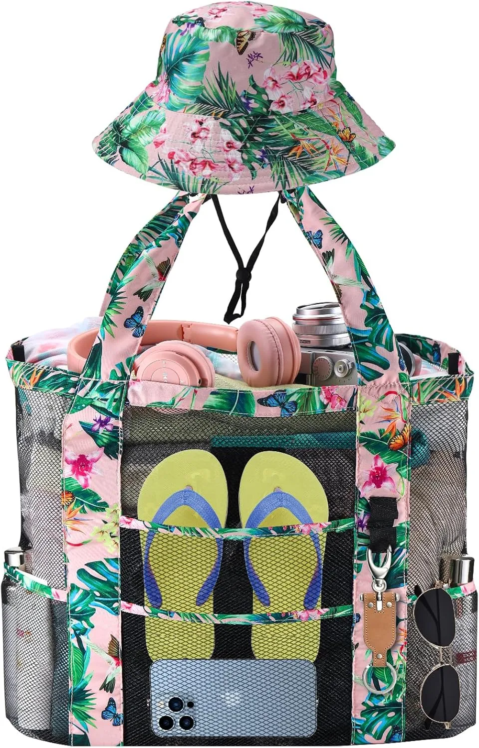Mesh Beach Tote Bag with Sun Hat for Women, Foldable Multi-Purpose Large Tote Bag