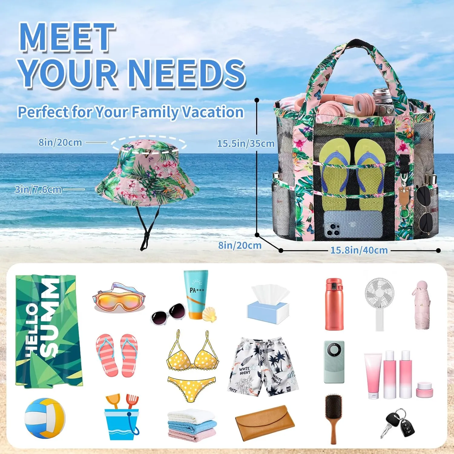 Mesh Beach Tote Bag with Sun Hat for Women, Foldable Multi-Purpose Large Tote Bag