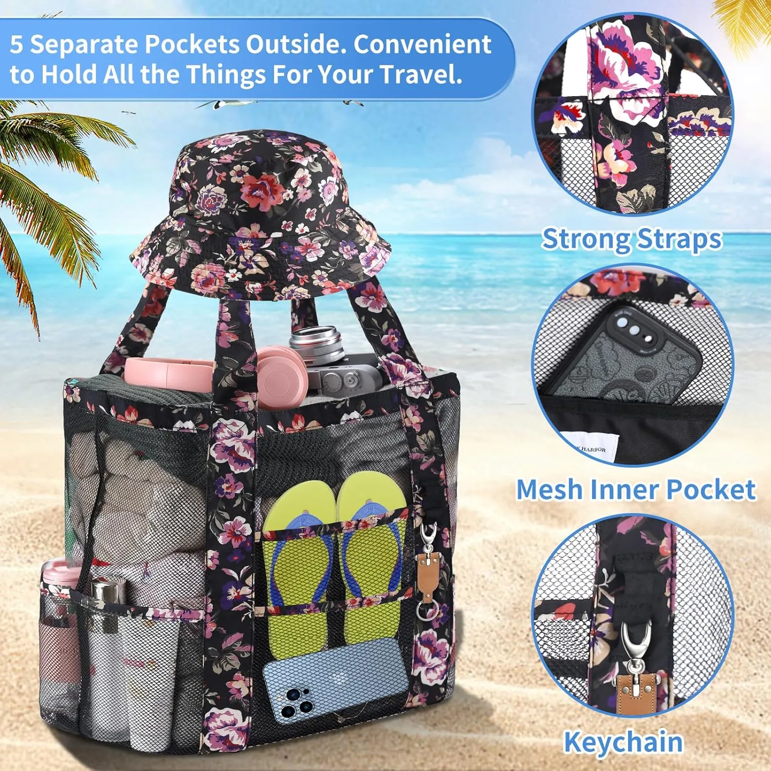 Mesh Beach Tote Bag with Sun Hat for Women, Foldable Multi-Purpose Large Tote Bag