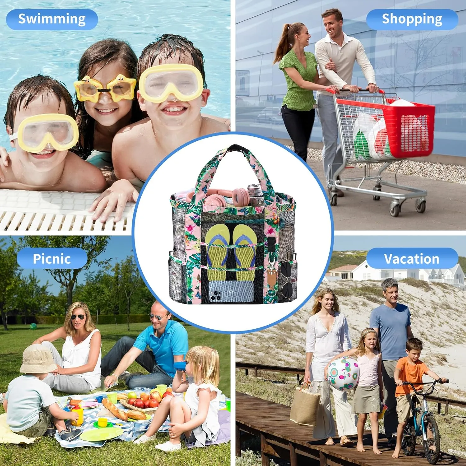 Mesh Beach Tote Bag with Sun Hat for Women, Foldable Multi-Purpose Large Tote Bag