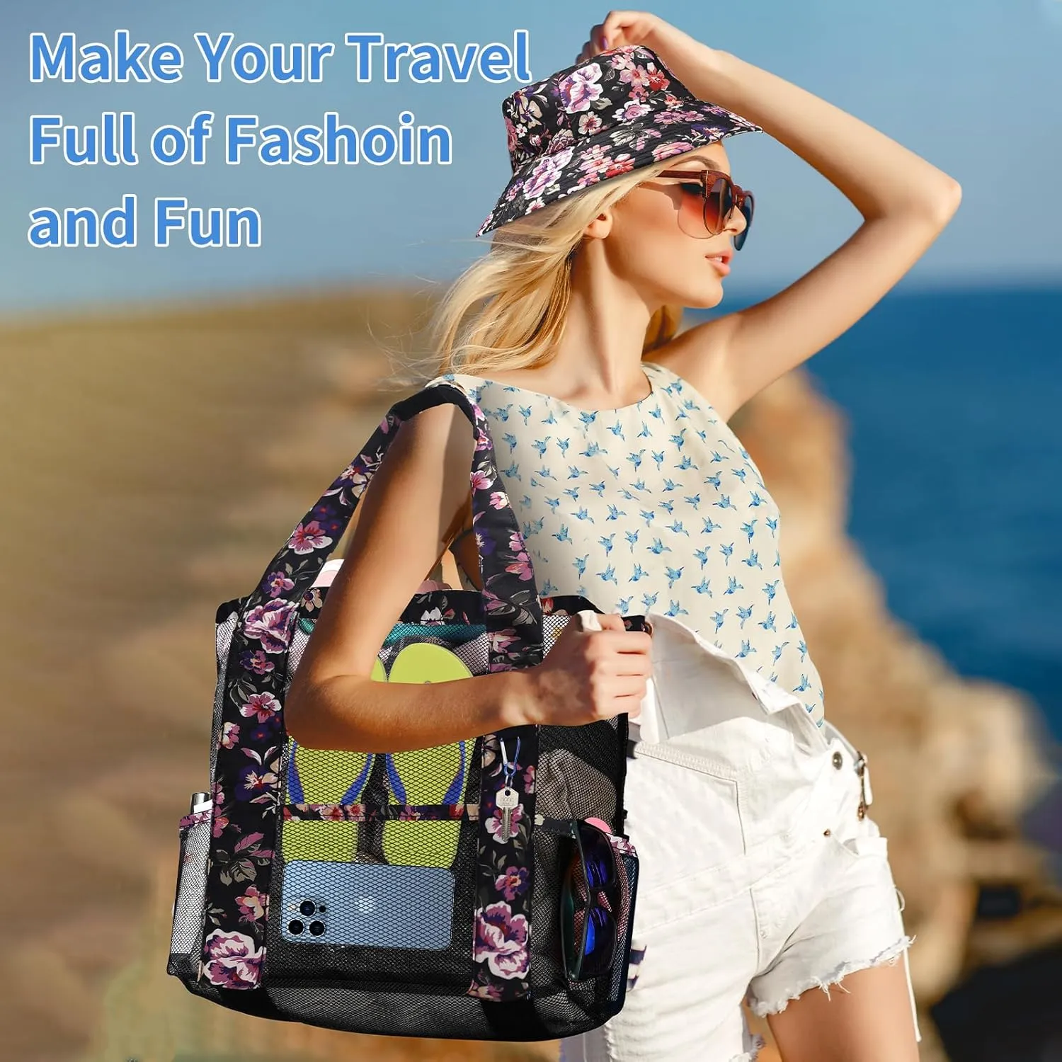 Mesh Beach Tote Bag with Sun Hat for Women, Foldable Multi-Purpose Large Tote Bag