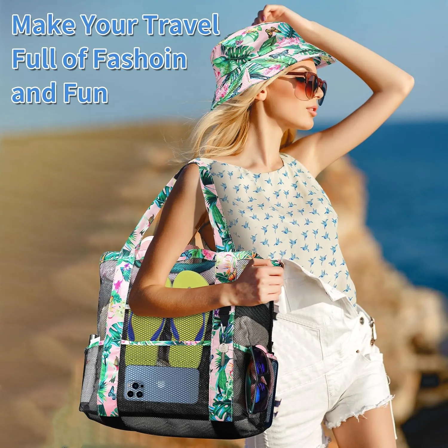 Mesh Beach Tote Bag with Sun Hat for Women, Foldable Multi-Purpose Large Tote Bag