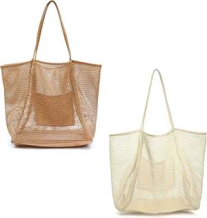 Mesh Beach Tote Womens Shoulder Handbag (Tan, Beige)
