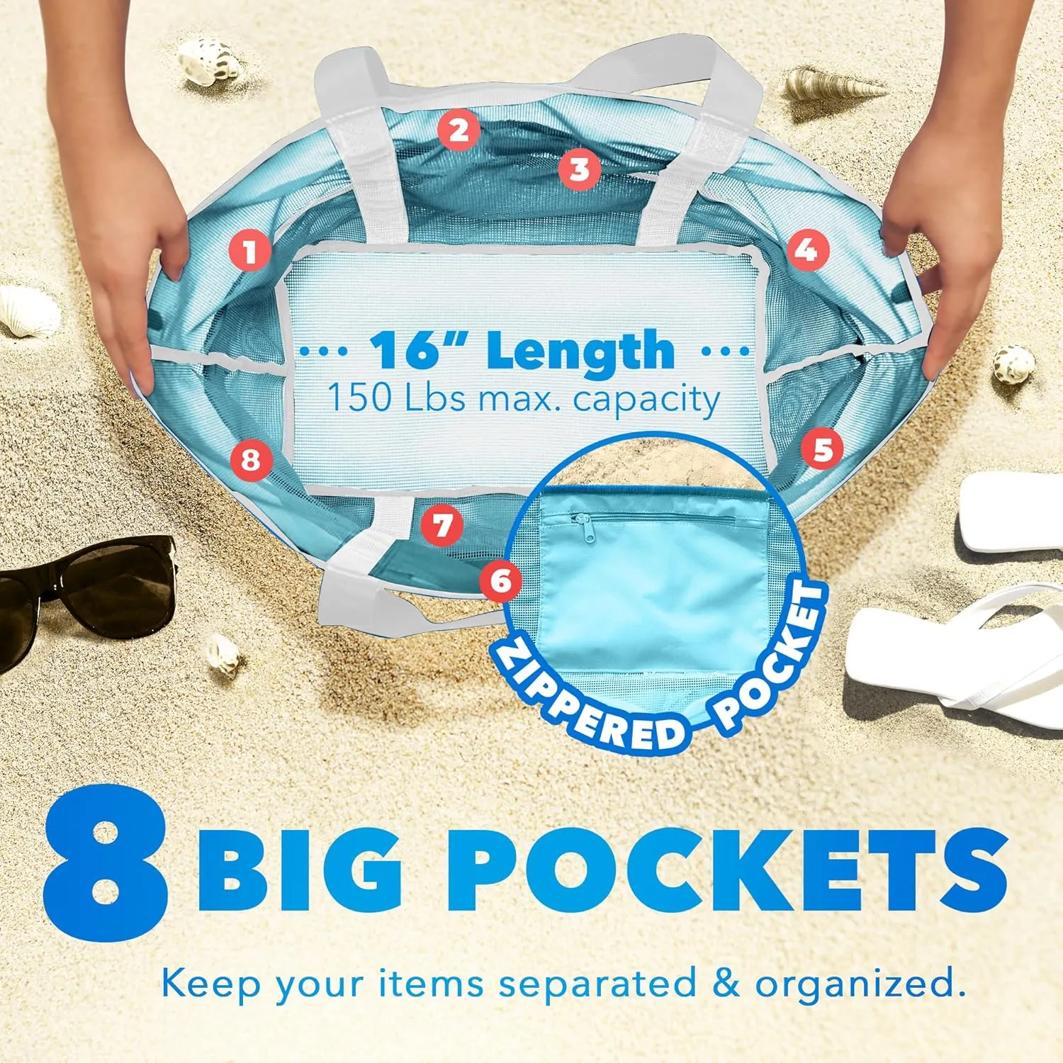 Mesh Sand Free Bag - Strong Lightweight Bag For Beach & Vacation Essentials. Tons of Storage!