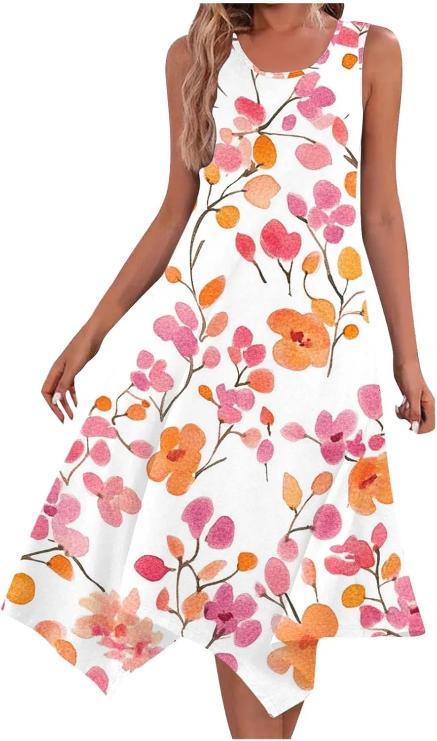 Midi Dresses for Women Summer Boho Floral Print Flowy Sleeveless Tank Dress Swing Casual Sundress Beach Vacation