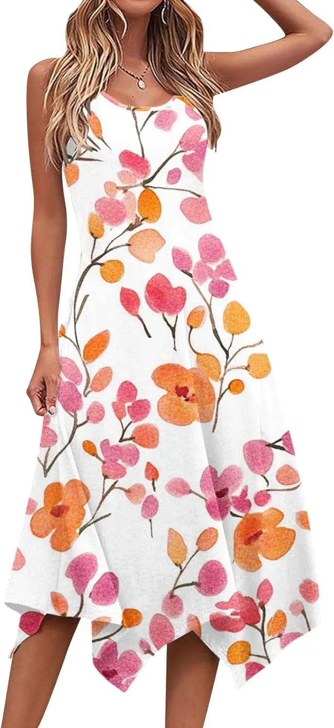 Midi Dresses for Women Summer Boho Floral Print Flowy Sleeveless Tank Dress Swing Casual Sundress Beach Vacation