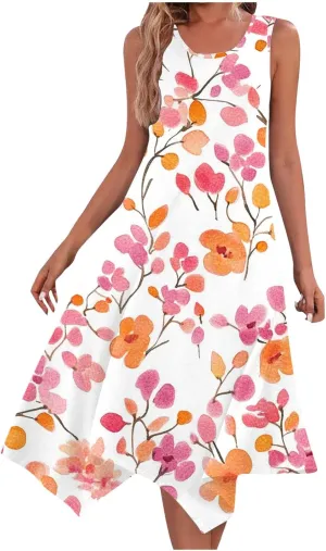 Midi Dresses for Women Summer Boho Floral Print Flowy Sleeveless Tank Dress Swing Casual Sundress Beach Vacation