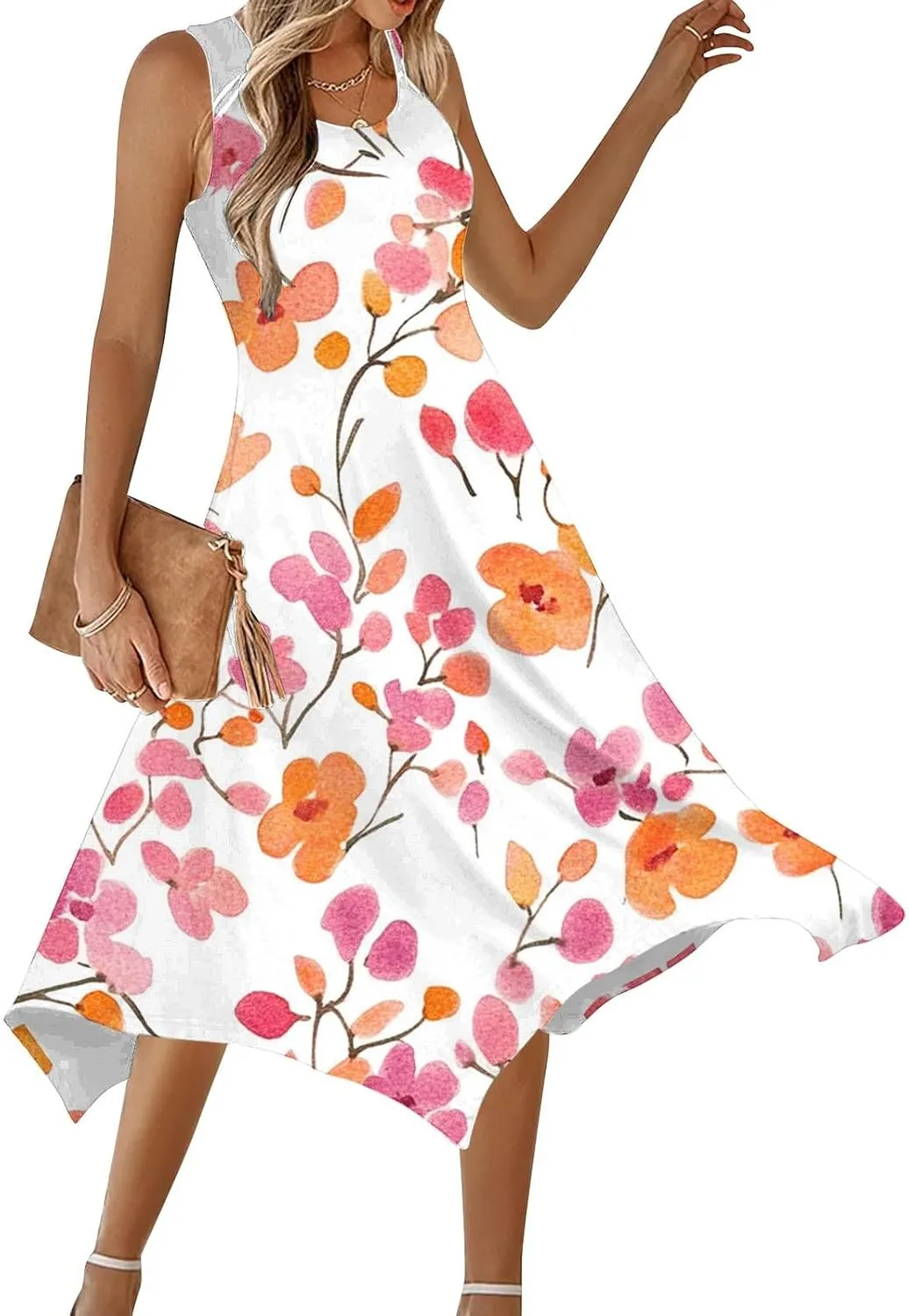 Midi Dresses for Women Summer Boho Floral Print Flowy Sleeveless Tank Dress Swing Casual Sundress Beach Vacation