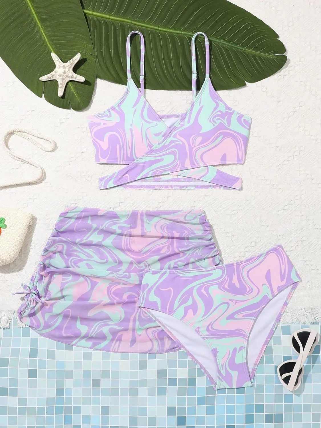 Milumia Girl's 3 Pieces Bikini Set Tropical Print Criss Cross Wrap Bathing Suit with Beach Skirt
