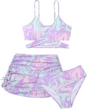 Milumia Girl's 3 Pieces Bikini Set Tropical Print Criss Cross Wrap Bathing Suit with Beach Skirt